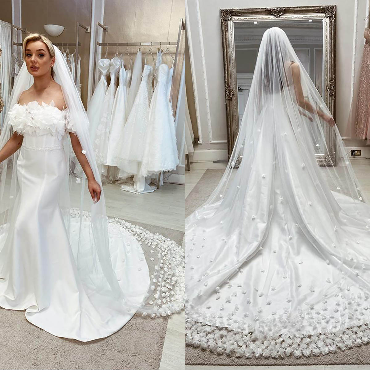 Princess Wedding Veil 3D Appliques One Layer Long Chapel Length Veils Applique Edge With Comb Custom Made Bridal Accessories