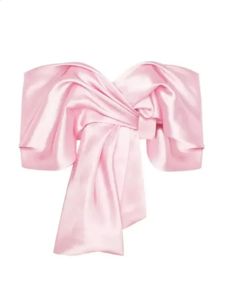 Fashion Pink Satin Bow Strapless Top Women Summer Pleated Off Shoulder Backless Cropped Vest Female Elegant Chic Streetwear 240819