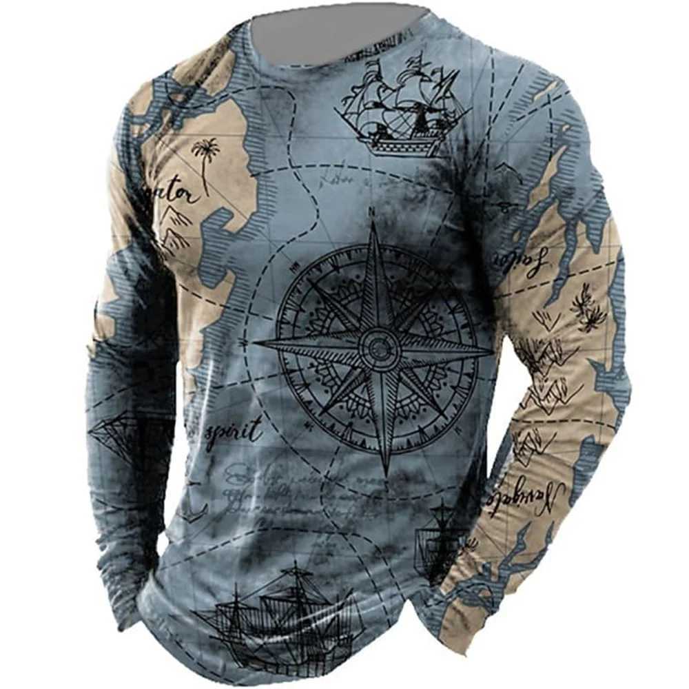 Vintage Print Long Sleeve T-shirt 3d T Shirt Compass Long Sleeve Casual O-Neck Shirt Oversized Tops Tee Shirt Man ClothesXJ240819