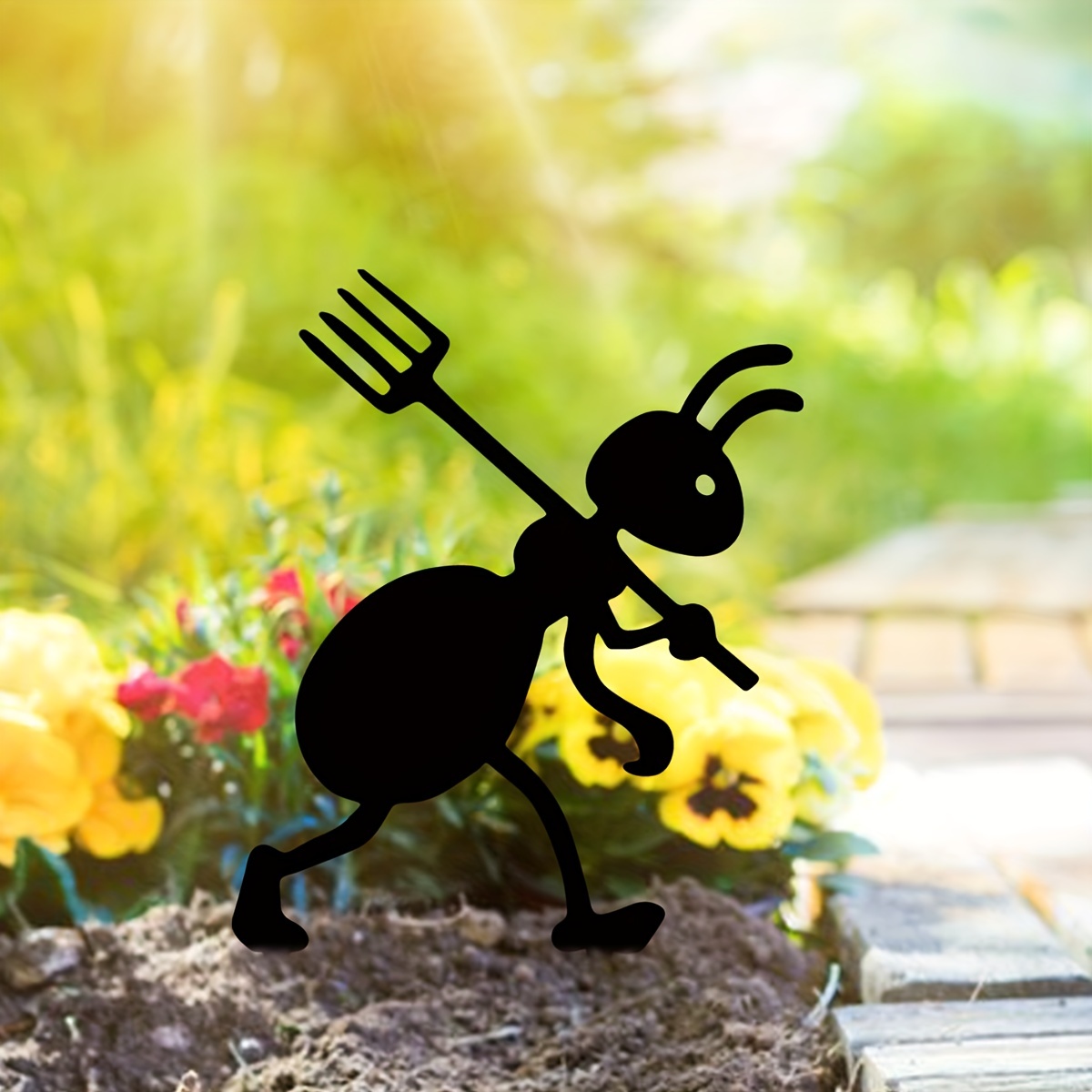 Garden decoration interesting work farm ants garden stake decoration with fork and wheelbarrow, black metal 2 pieces ants