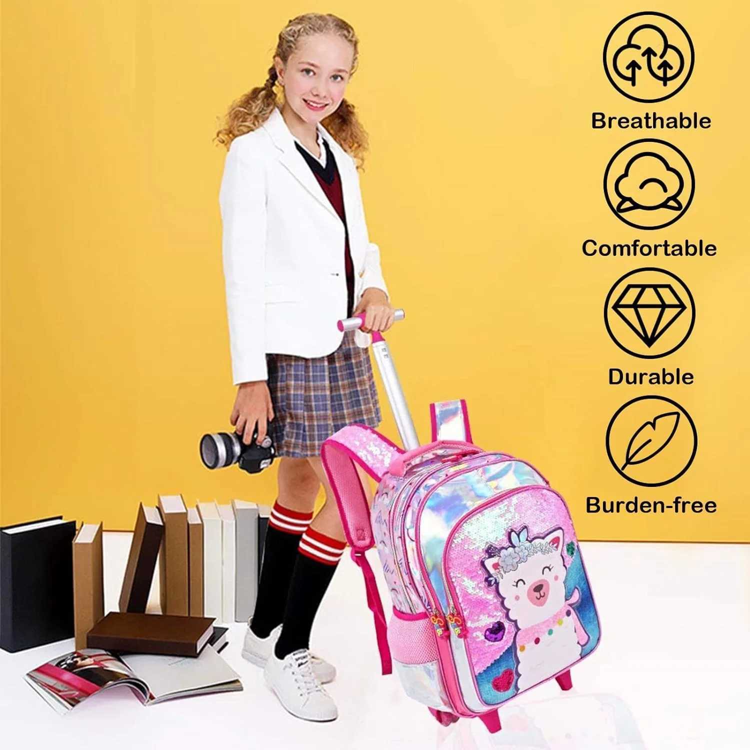 17 Inch Kids Backpacks for Girls Sequin School Bag with Lunch Box for Elementary Students Childrens Backpack Girl Wheel Y240820