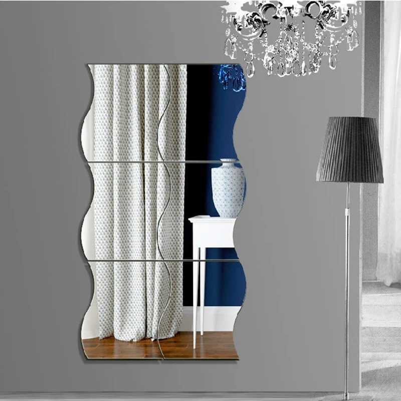 6/12Pcs 12X10cm Waves Shape Self-adhesive Tile 3D Mirror Stickers Cosmetic Mirror Wall Sticker Home Wall Bedroom Make Up Mirrors Y240819