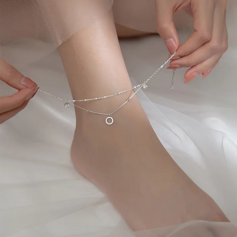 WOOZU Real 925 sterling silver y doublelayer pearl crystal zirconia chain ankle suitable for womens minimalist feet beach jewelry gifts 240812