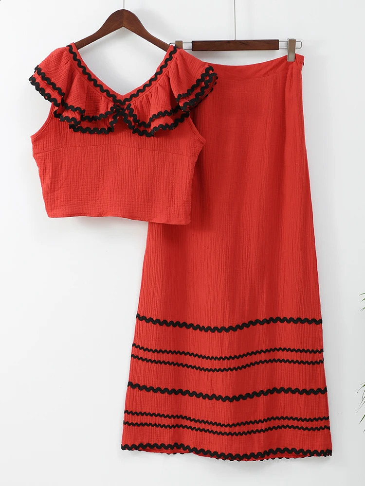 Ruffle Wavy Edge Contrast Pleated Skirt Suit Women Chic V Neck Flying Sleeve Crop Tops High Waist Long Skirt Set Summer Outfit 240813
