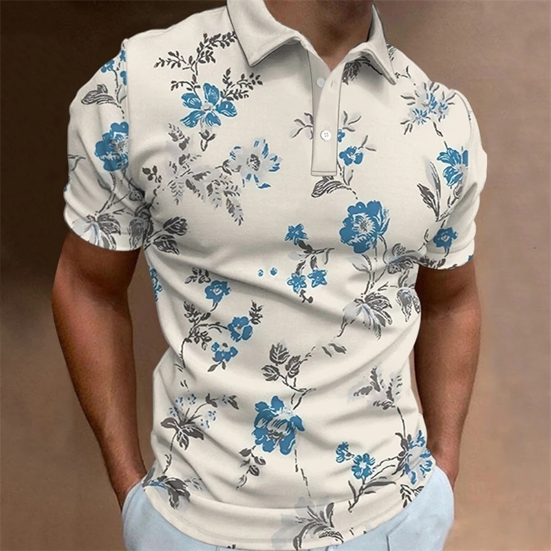 Mens Polo Shirt Street Casual Short Sleeve Flower Print Buttons Tops Fashion Pullover Oversized Clothing Male Golf Wear 240819