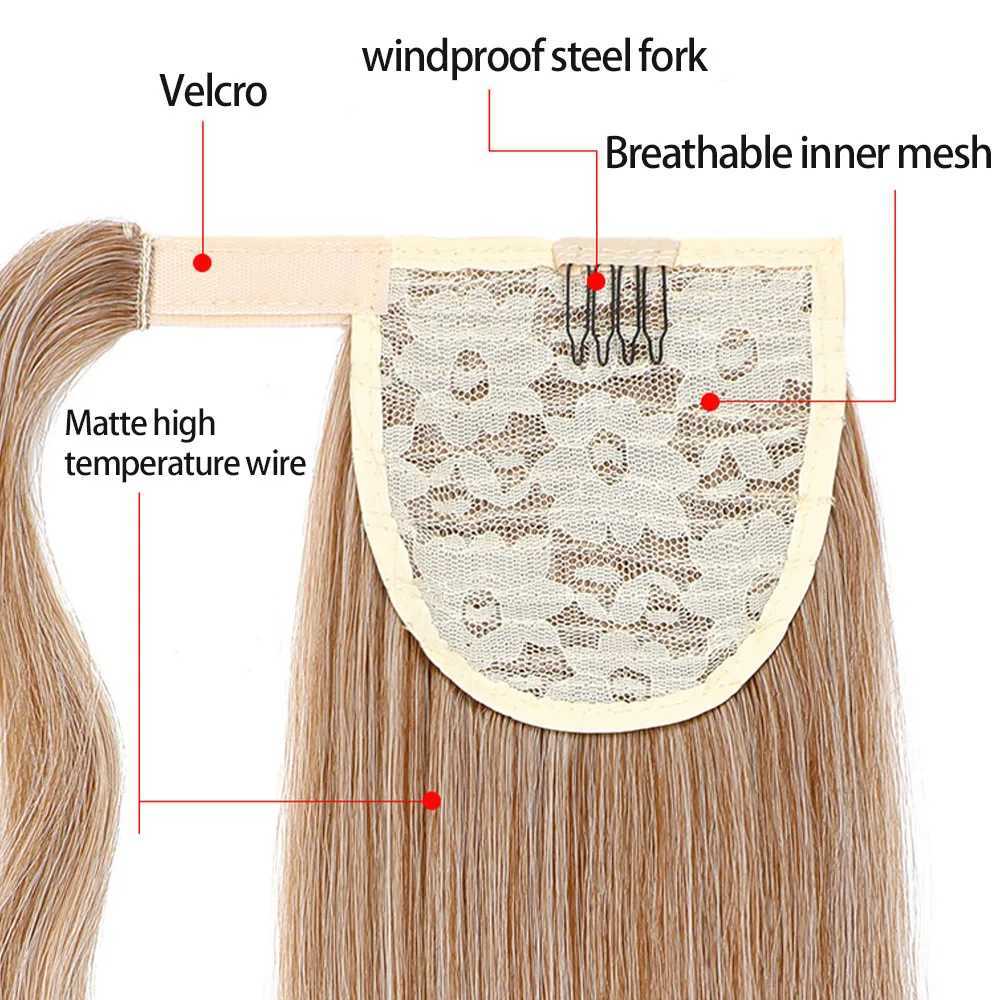 Long straight ponytail extended wig synthetic female hair wrapped around the ponytail W240817