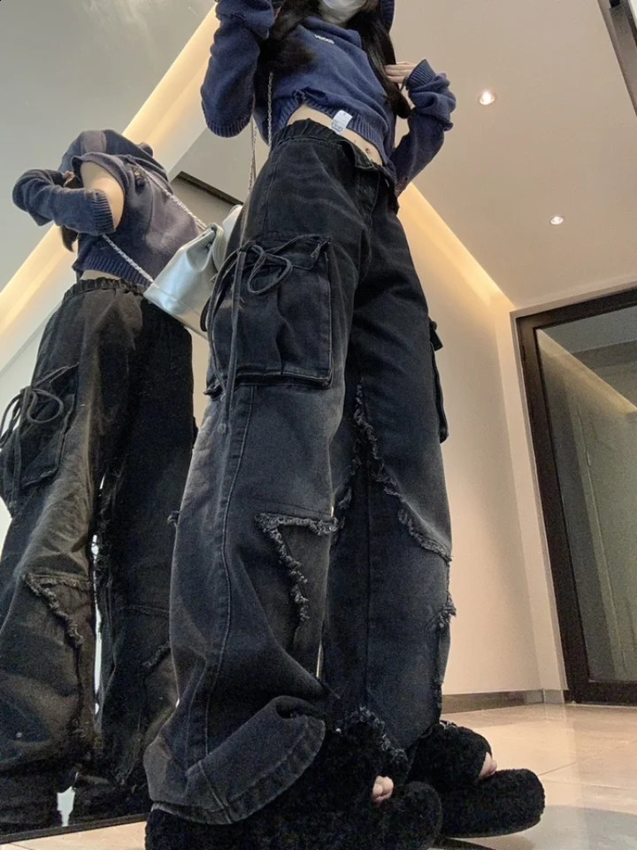 Autumn Winter Cargo Woman American High Strt Straight Barrel Jeans Five-pointed Star Embroidery Women Pants Z260313