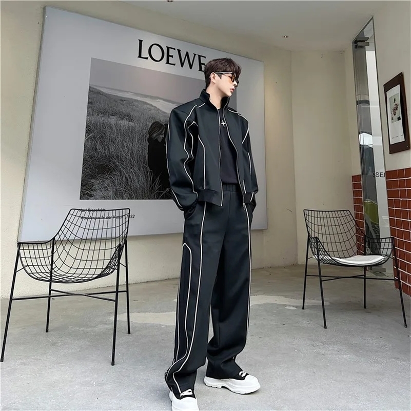 Trendy High-end Loose-fit Casual Sports Suit For Men Bell Bottoms Cardigan Jacket 2-piece Set Fashionable Sensibility 240819