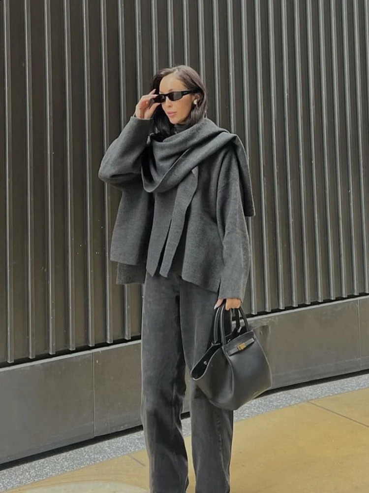 TRAF womens single-breasted chic loose jacket autumn and winter asymmetric scarf solid colour knitted coat jacket 240813
