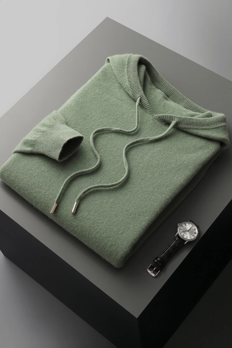 Mens sweater 100% pure wool knitted pullover autumn and winter thick cashmere casual loose hooded top 240819