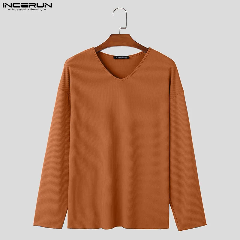Men Casual T Shirt Solid Color V Neck Long Sleeve Knitted Fashion Men Clothing Streetwear Leisure Tee Tops S-5XL INCERUN 240820