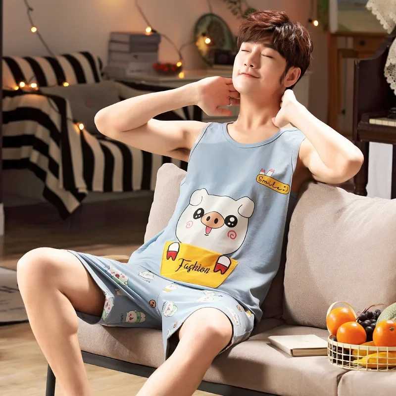 Mens summer cotton vest sleeveless short sleeved pajamas thin home clothes plus size cotton pajamas set 2024W240719