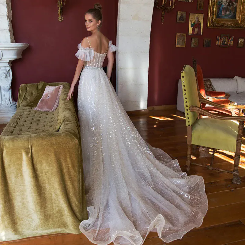 White Tulle Wedding Dress Shiny Off Shouder for Women with Lace Backless Bride Gowns Sweep Train Vestido de Novia
