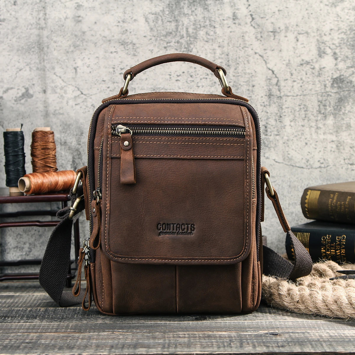 Mens messenger handbag genuine leather mens cross body bag mens crazy horse business briefcase iPad travel shoulder bag 240819