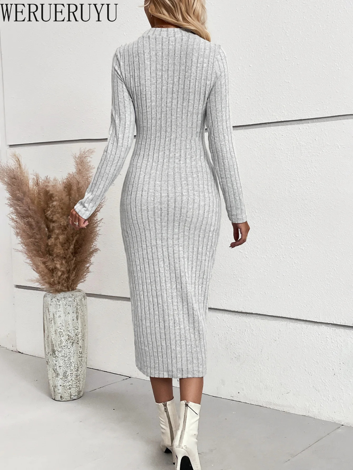 Sexy Elegant Knitted Midi Dress Woman Aesthetic Clothing Autumn Winter Streetwear Long Sleeve Bodycon Evening Dresses for Women 240819