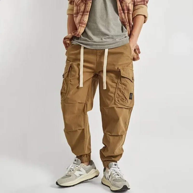Autumn American Style Casual Khaki Cargo Pants For Men Loose Fit Drawstring Versatile Ankle Length Multi Pocket Good For Travel 240819