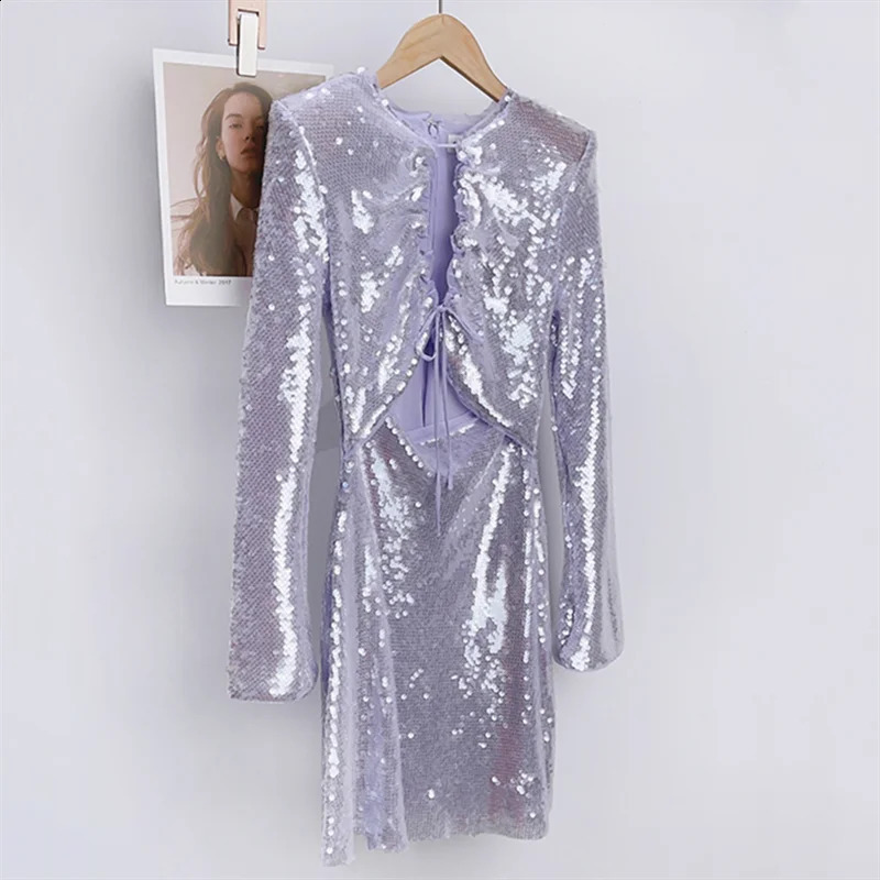 elegant party dresses woman Autumn Fashion Glitter Decorative Long Sleeve Mini Dress Sexy hollow out Short dresses y2k 240819