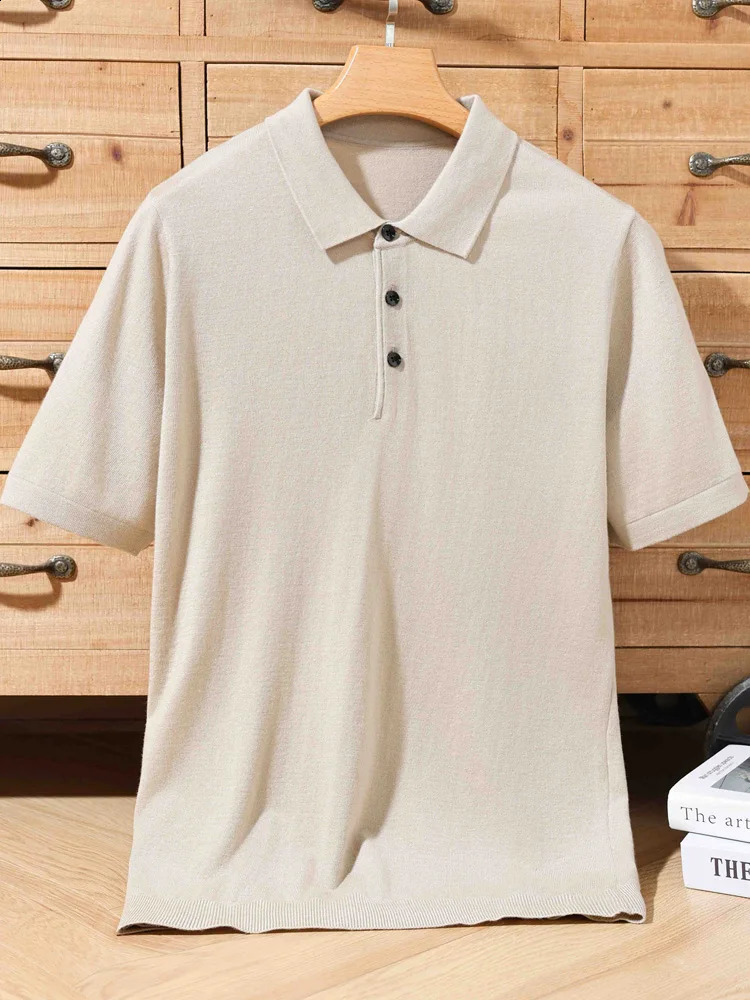 Spring Summer Mens Polo T-shirt Thin Soft Smart Casual Short Sleeve Pullover Sweater 30% Merino Wool Knitwear Korean Fashion 240820