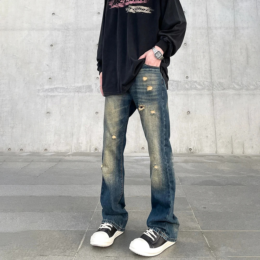 Ripped Jeans Men Streetwear Y2k Autumn Slim Casual Fashion Trousers Vintage Blue Flared Distressed Winter Fit Street Denim Pants 240819