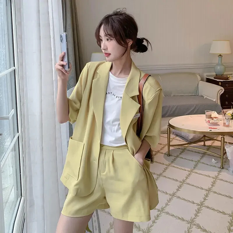 Womens Short Pants Sets Loose Office Pink Blazer and Shorts Suit for Woman Summer Sleeve Green Clothing with Jacket Full 240820