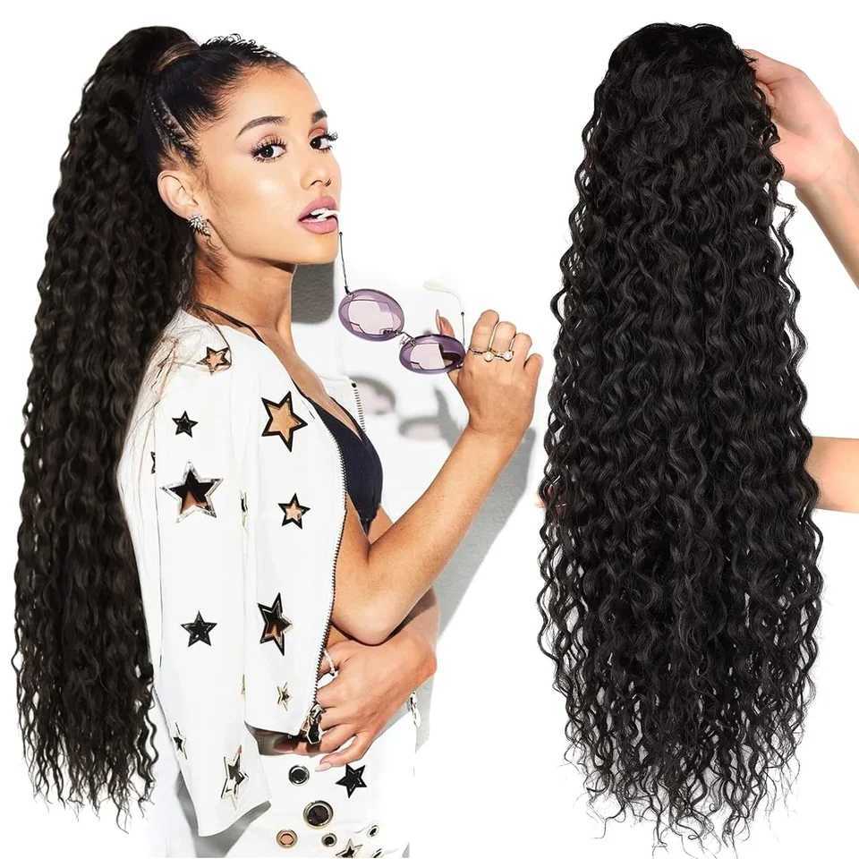 Long curly ponytail extended clip in synthetic brushed ponytail wig 32 inches long water wave African ponytail womens hair clip W240817