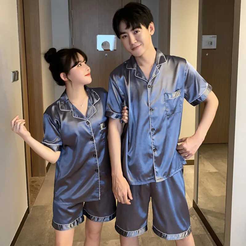 New couple sleepwear silk satin solid color sleepwear set short sleeved family clothing sleepwear womens sleepwearW240719