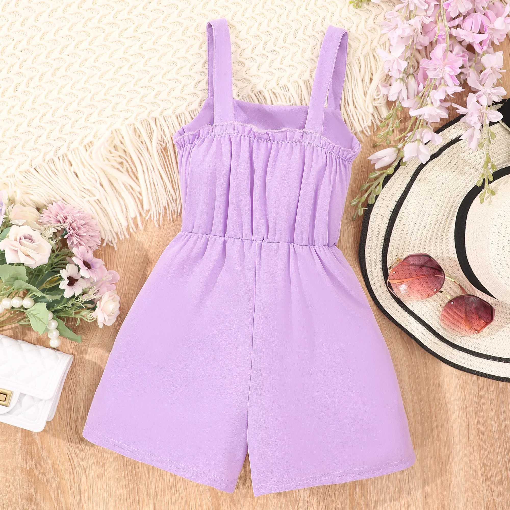 Girls casual solid button decoration sleeveless jumpsuit summer gift W240806