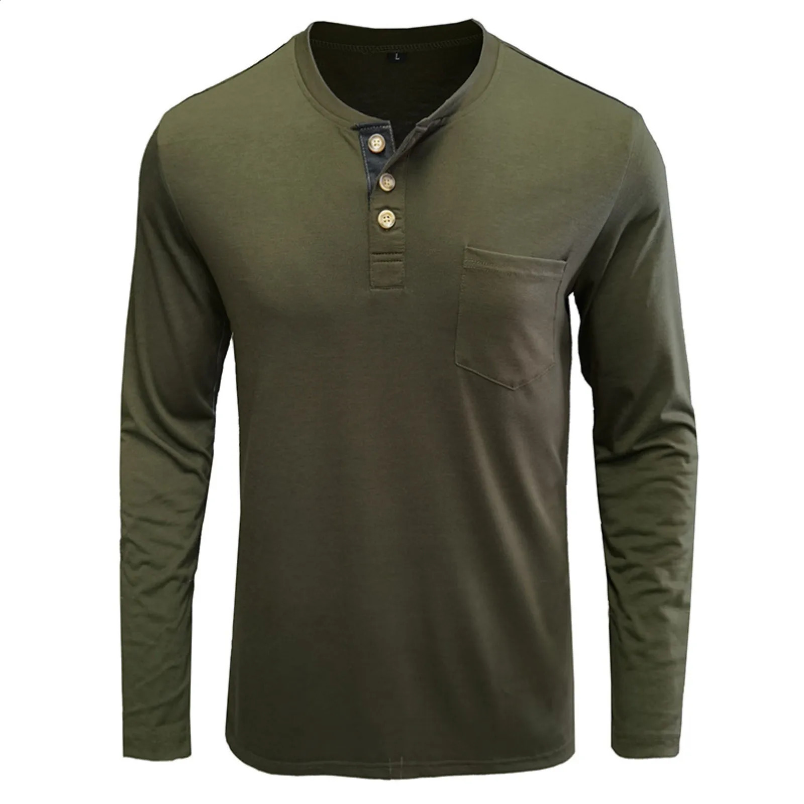 Mens Round Collar Long Sleeved T-shirts Solid Casual Top Single Breasted Pocket TShirt Soft Comfy Bottoming Shirt for Spring 240820