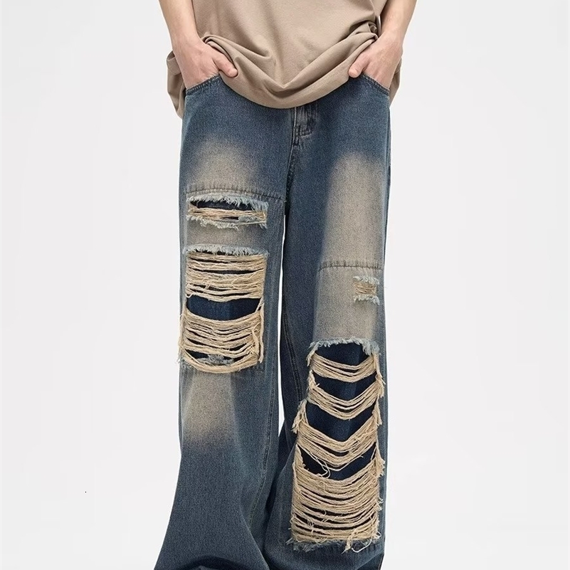 Y2K Man Jeans Korean retro hole repair jeans mens American style high street loose straight wide leg mopping trousers 240819
