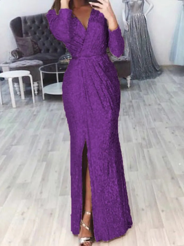 Autumn Winter Womens Dress Sequin V-neck Long Sleeved Waist Sexy Split High End Casual Fashion Elegant Dress Womens Dress 240819