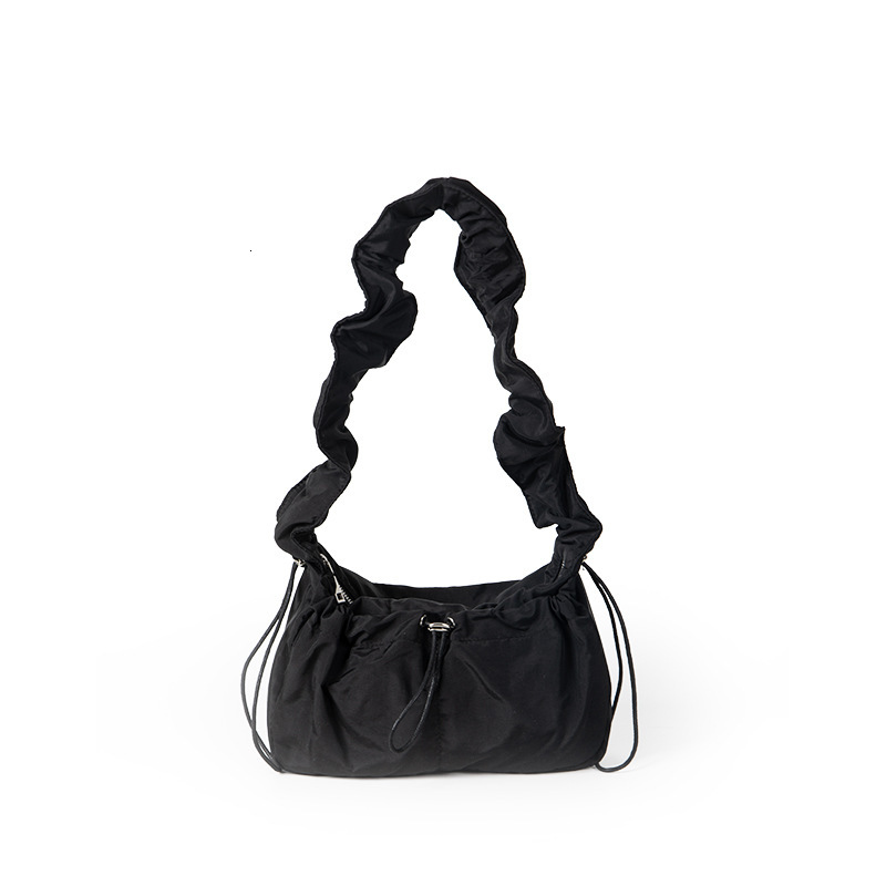 Pulling rope nylon pleated bag for women in summer, lightweight solid color women's crossbody bag, fashionable high-end, versatile and single sho