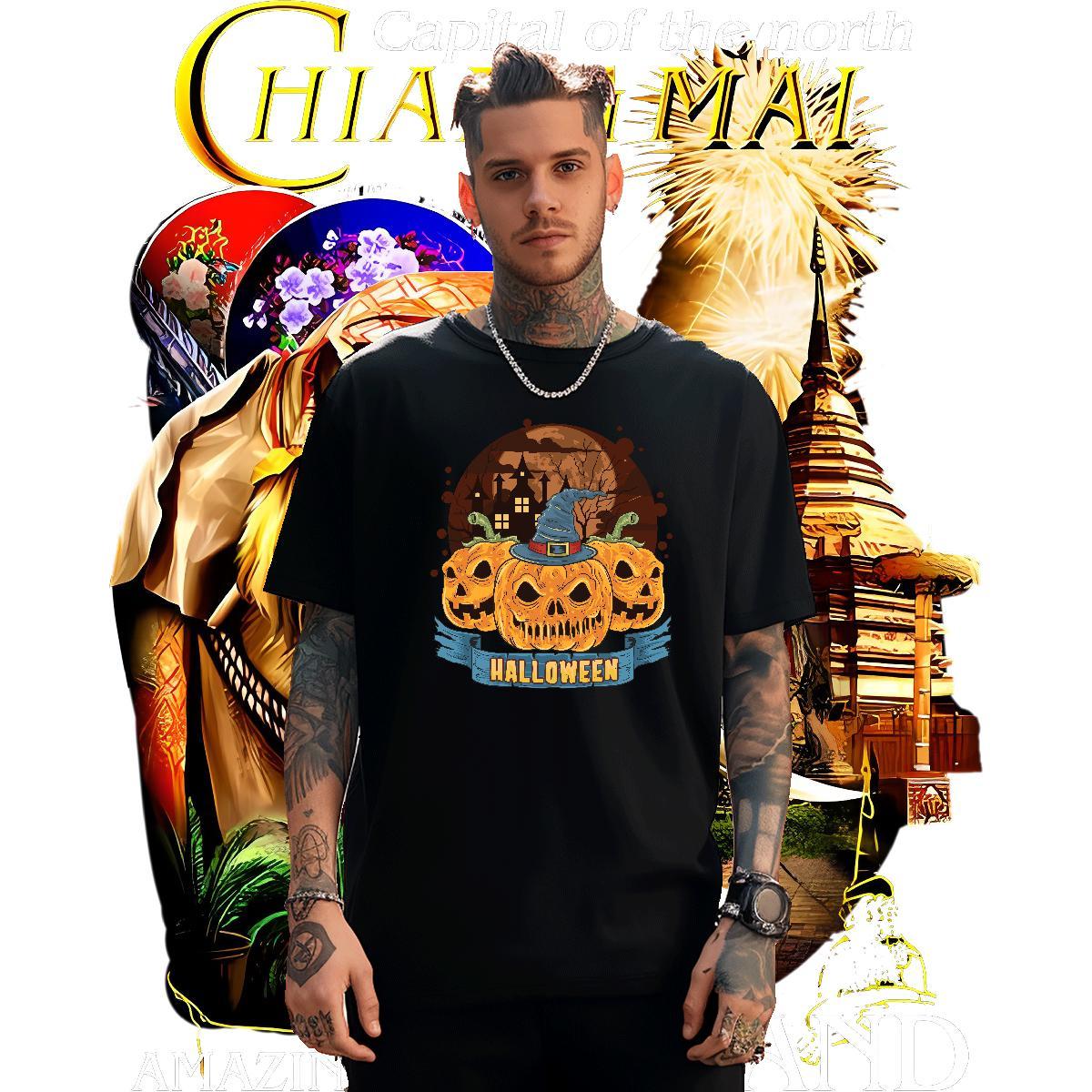Loose T Shirt For Man halloween O-Neck Short Sleeve Sports Casual Anime Print 230g Cotton Tshirt for Man Woman Fashion New Tshirts