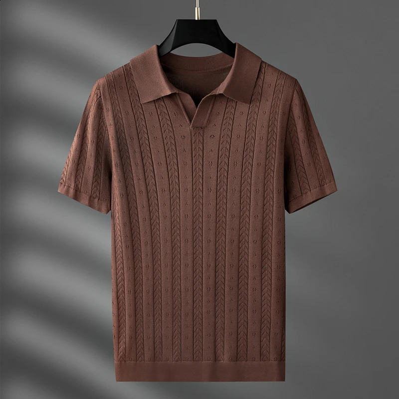 high-end V-neck hollow breathable knitted T-shirt mens summer trend jacquard French style casual short sleeve POLO shirt 240820