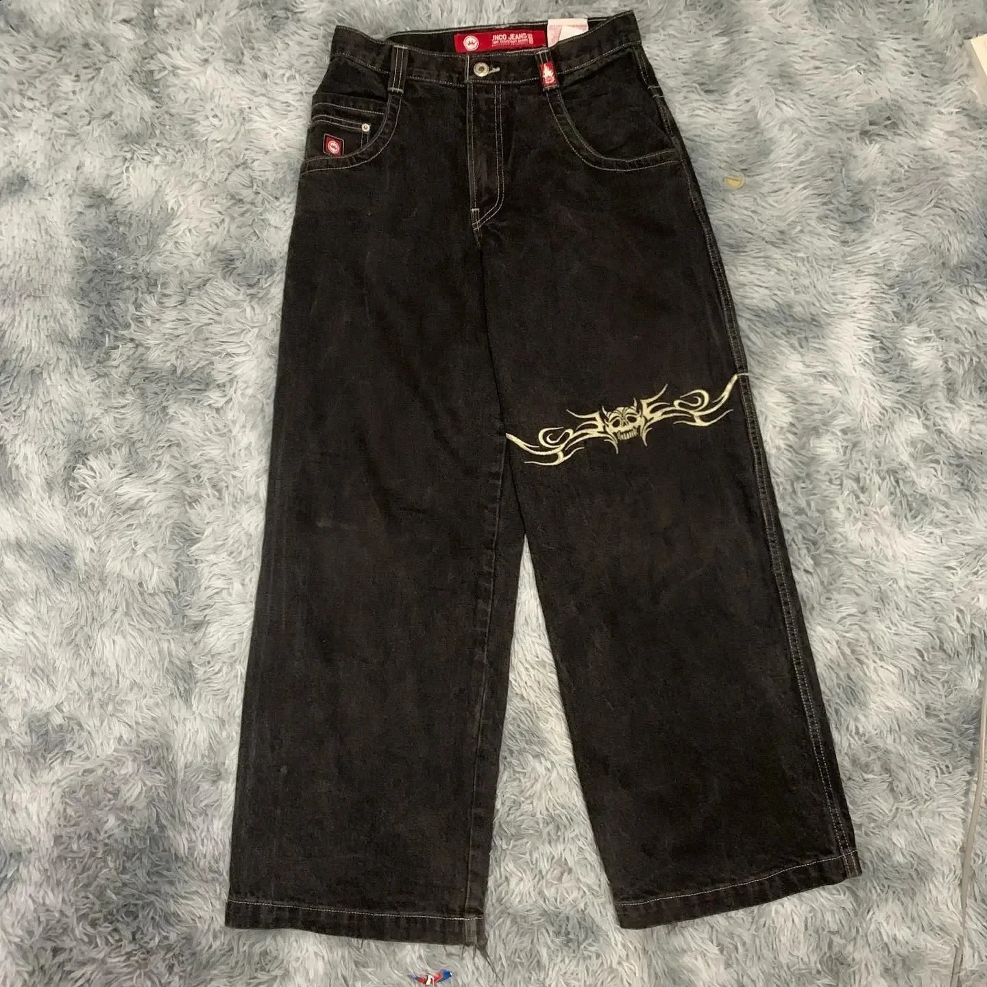 Y2K Pants Extra Large Loose Letter Skull Embroidered Jeans Men Hip Hop Jeans Gothic Wide Leg Trousers Streetwear Baggy Jeans 240819