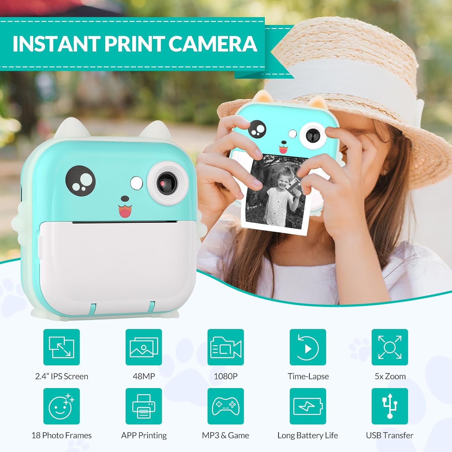 Kids Camera Instant Print Photo Children Inkless Mini Printer Digital Instax Cameras Video Educational Toys Boy Girl Gift with 2.4inch Screen 48MP Pho