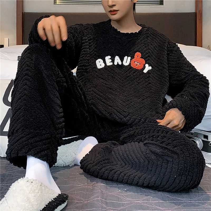 Winter mens thick double-sided flannel pajamas cartoon casual pajamas set soft coral fleece pajamasW240719