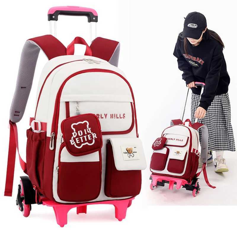 Rolling Wheeled Backpack Book Bag Children School Backpack with Wheels Students School Bags for Girls Trolley Bag Cute Schoolbag Y240820