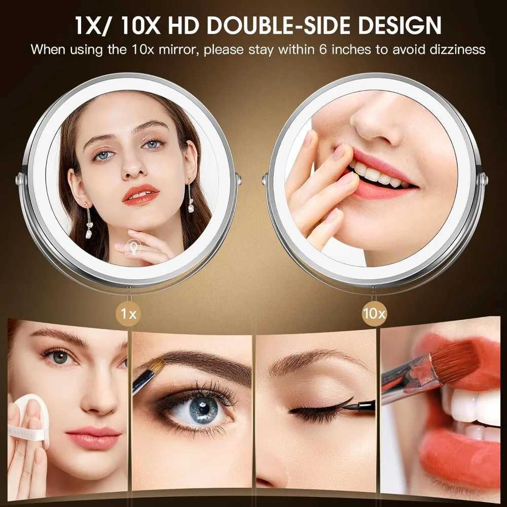 Wall Mounted Lighted Makeup Mirror 8 Rechargeable Double-Sided Magnifying Mirror 1x/10x 3 Colors Led Touch Dimmable Y240819