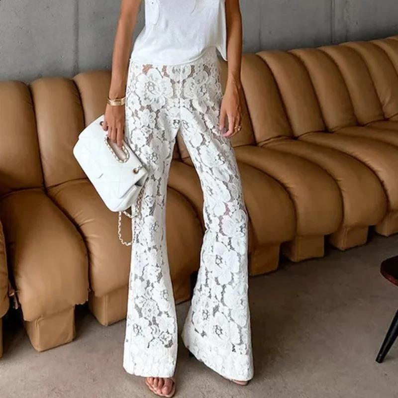 Women Sheer Lace Wide Leg Pants Y2k Floral Party Club High Waist Long Trousers Female Flare Pants Street Wear White Yuqung 240819
