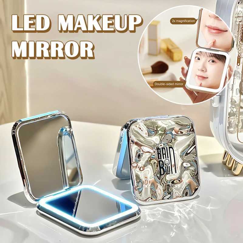 Folding Make Up Mini Mirror With LED Light 2 X Magnifying Small Pocket Portable Travel Cosmetic Mirrors With Type-C Cable Y240819