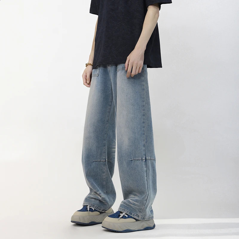 Mens High Street Fashion Baggy Jeans Blue Y2K Four Seasons Comfortable Soft Vintage Casual Straight Denim Pants Streetwear Male 240822