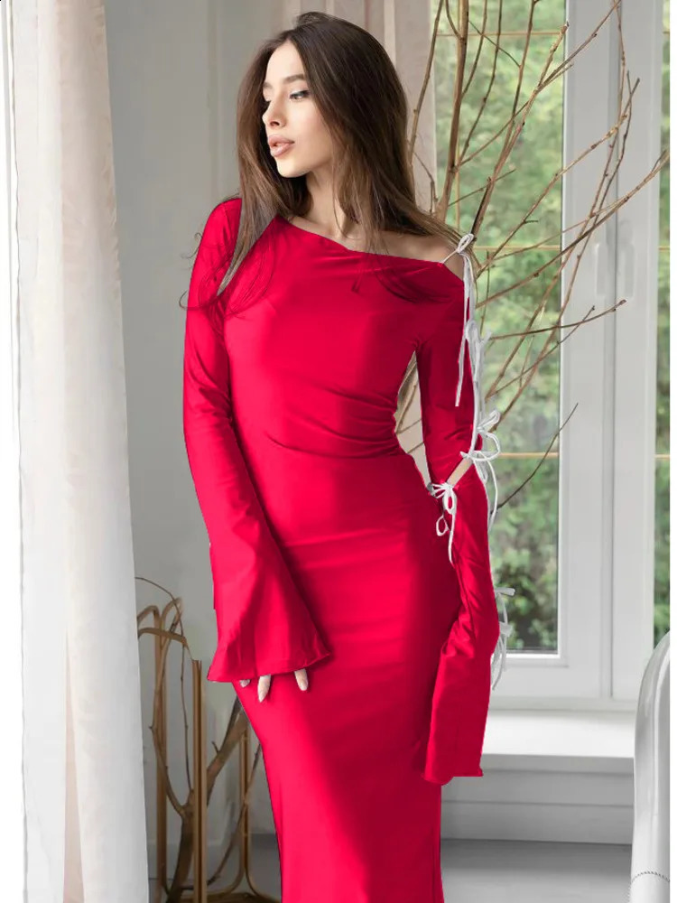 JULISSA MO Elegant Bandage Hollow Out Long Sleeve Bodycon Maxi Dress For Woemn Autumn Blue Sexy Outfits Party Clubwear 240819