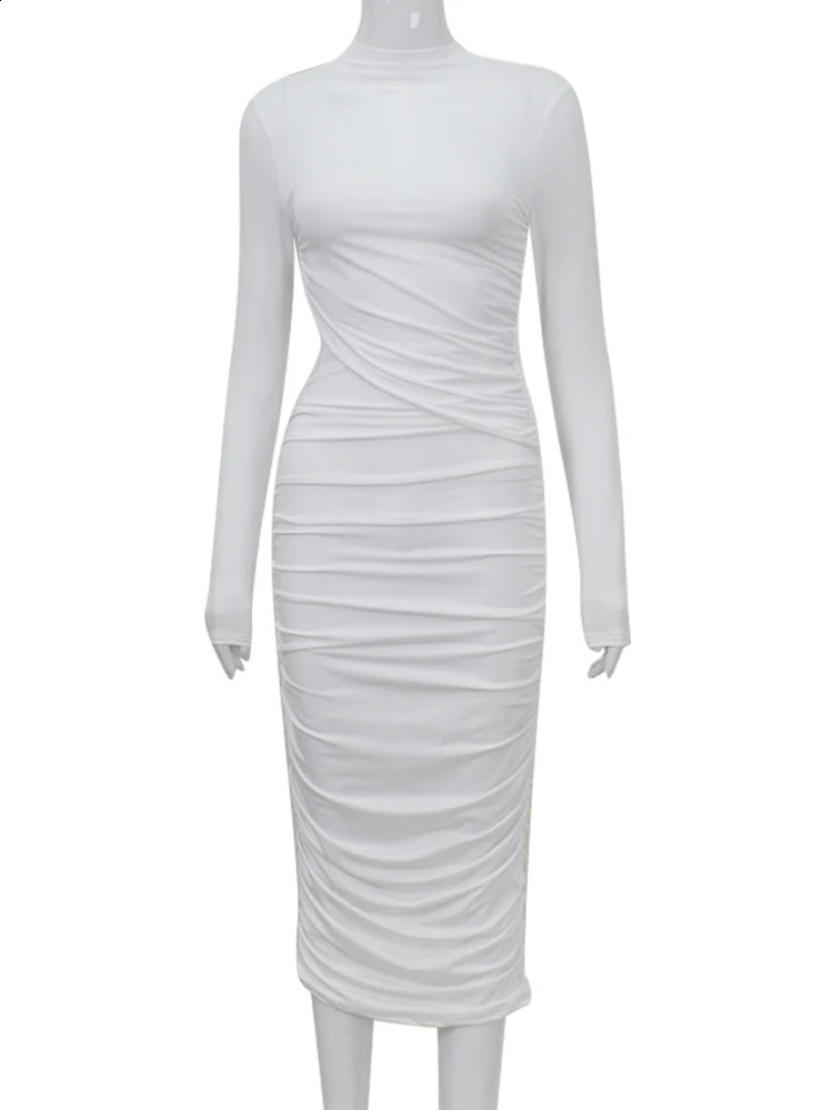 Ahagaga Fashion Sexy Club Hollow Out Dresses Women Regular Casual Solid O-neck Long Sleeve Slim Bodycon Elegant Vestidos Robes 240819