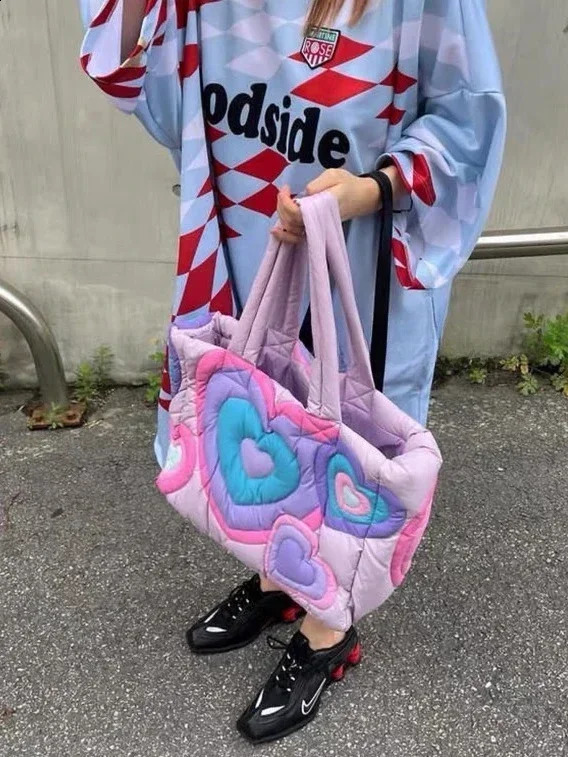 Shoulder Bags For Women So Cute Quilted Tote Contast Color Pink And Purple Love High Capacity All Match Cotton Soft Fashion 240819