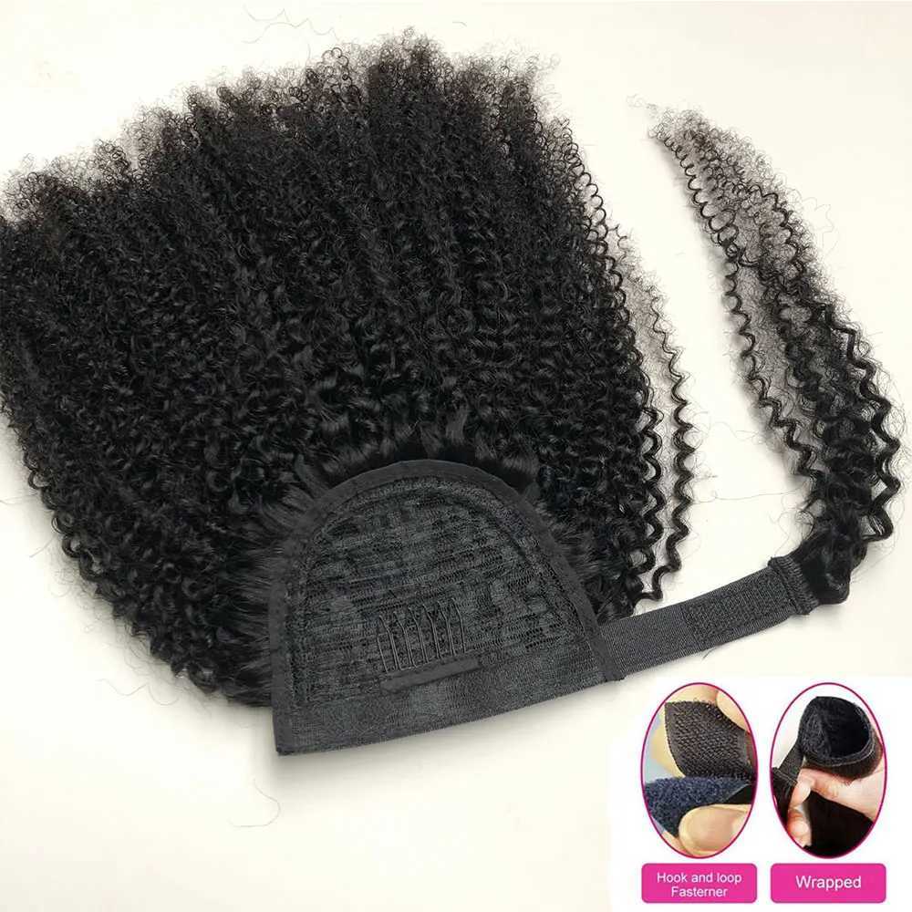 African twisted curly ponytail with black female hair extending and wrapped around the 3C 4A curly ponytail W240817