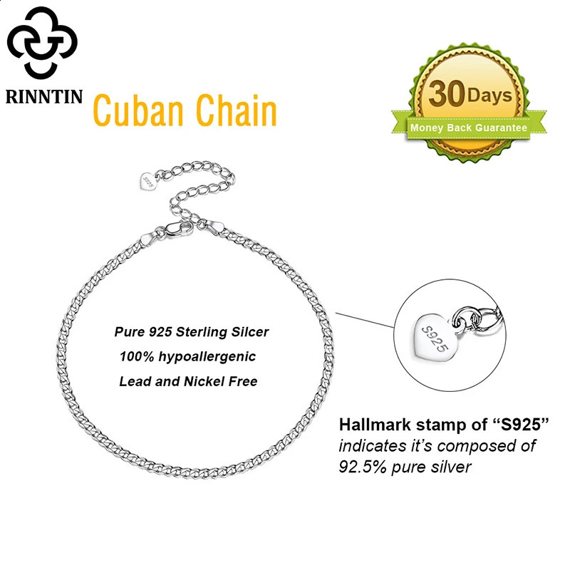 Rintin 925 sterling silver Cuban chain bracelet for womens fashion adjustable 14K gold foot strap jewelry SA11 240812