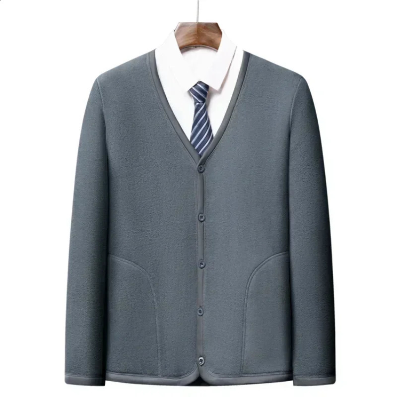 Mens autumn and winter casual fashion solid color Vneck jacket largesized highend velvet w240819