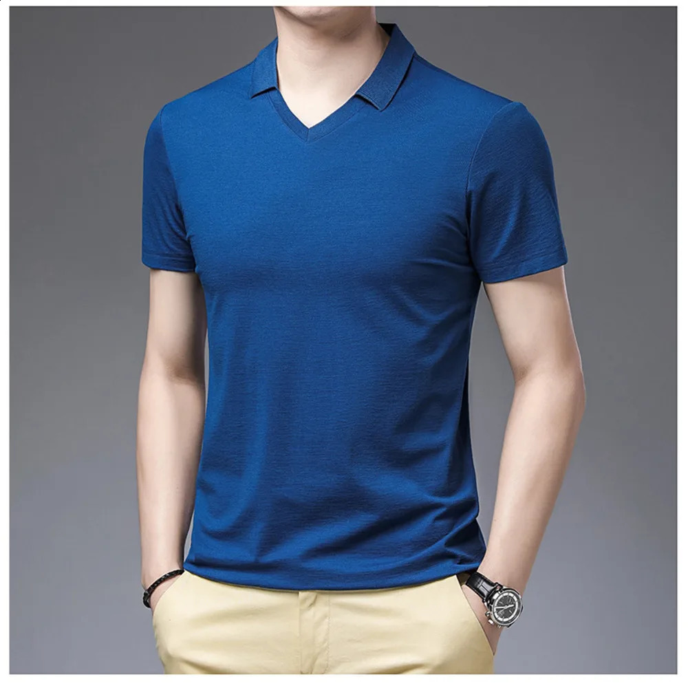 Summer Polo Shirt Short Sleeve V-neck Ice Silk Solid Color T-shirt Male Top with Collar Golf Tees Navy Blue Poloshirt 240820