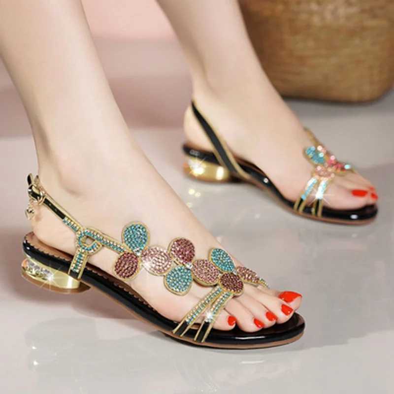 Temperament Elegant Rhinestone Sandals Summer Low Heel Shoe New Open Shoes Rhinestone Gift Fashion Flat Women Sandal CL240806