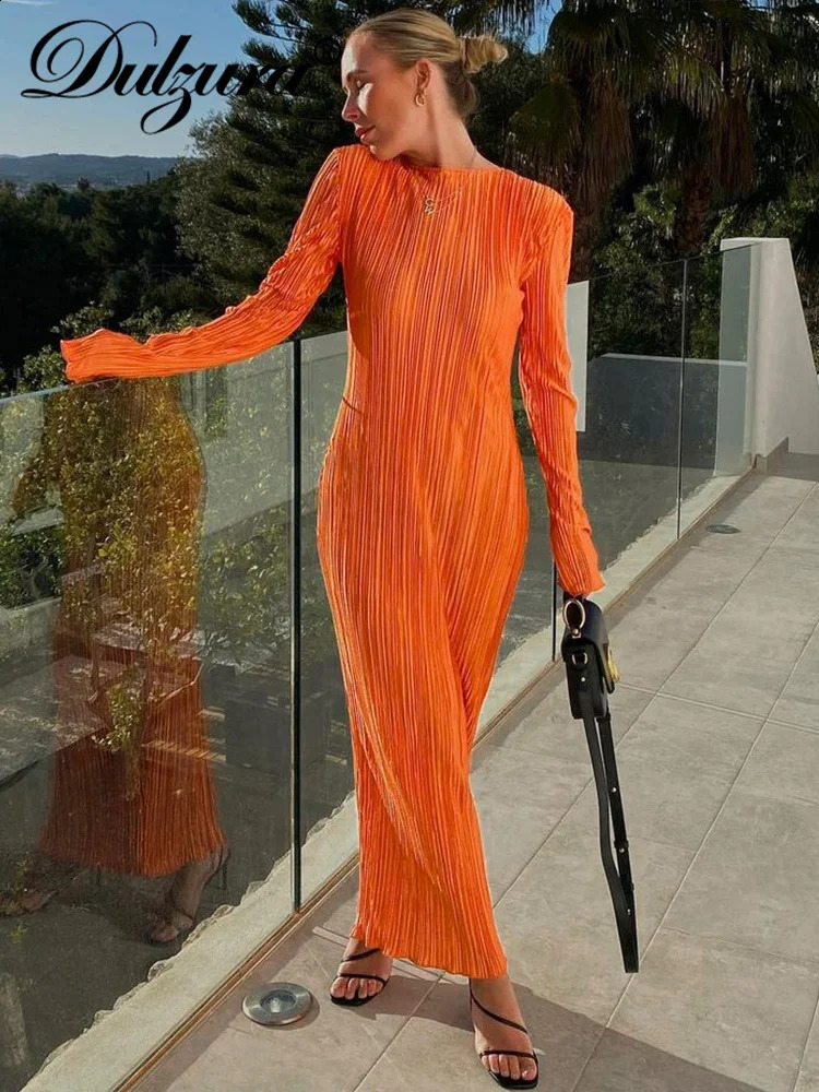Dulzura Autumn Striped Ruched Ruffle Sexy Y2K Clothes Long Sleeve Bodycon Midi Dresses For Women Club Party Elegant Outfit 240819